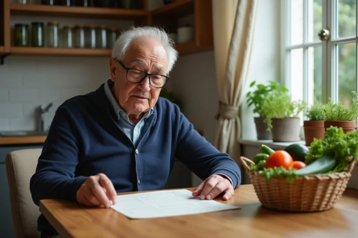 Senior homme en cardigan navy consultant un plan de repas écologique avec des légumes bio dans une cuisine naturelle