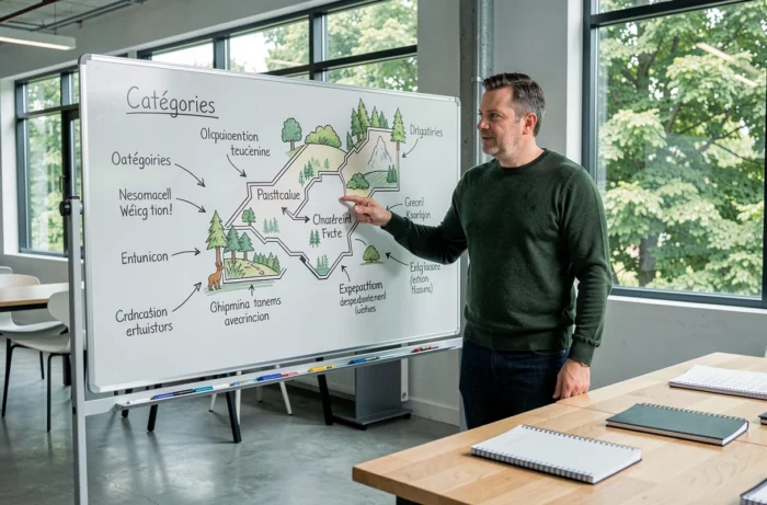 Homme présentant la structure et les catégories d'un site web dédié à la nature sur un tableau blanc
