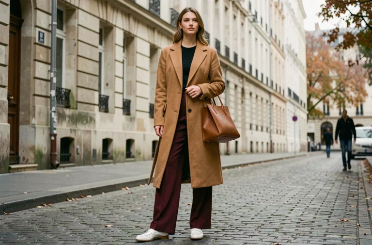 Jeune femme élégante portant un manteau camel oversize et un pantalon large bordeaux sur un pavé parisien en automne