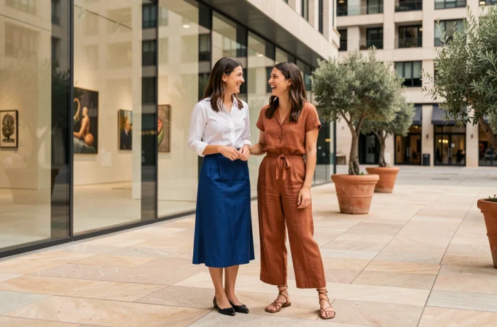 Deux femmes aux styles tendance complémentaires riant devant une galerie d'art contemporaine en milieu urbain