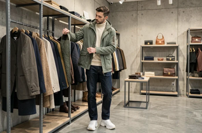 Homme stylé en veste utilitaire verte et jean droit explorant un concept store de mode contemporain