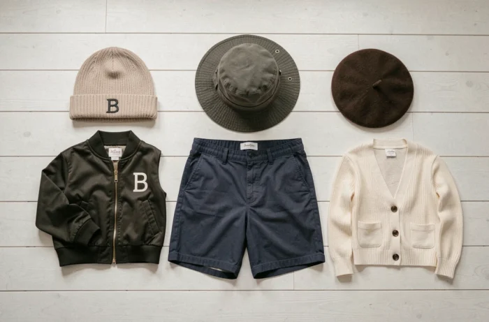 Planche de vêtements commençant par la lettre B disposés en flat lay : bonnet, blouson, bob, béret, bermuda, boxer et boléro