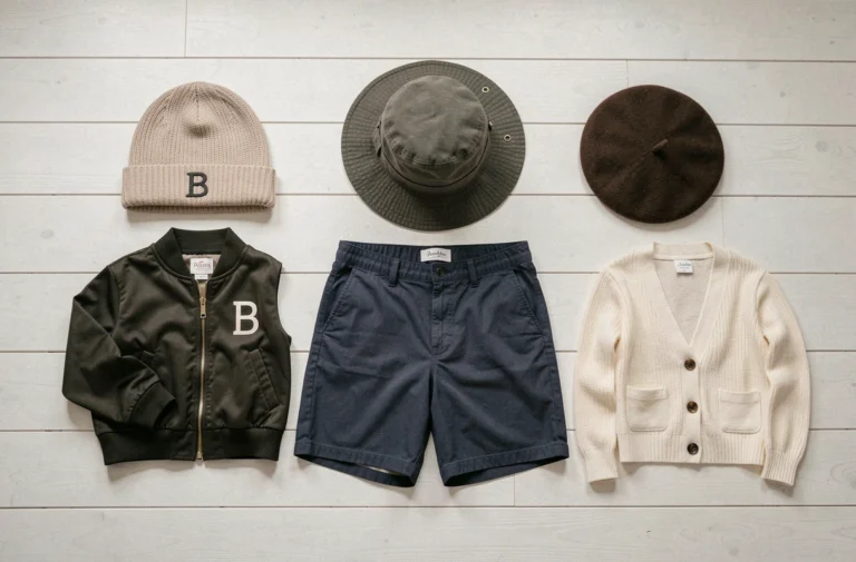 Planche de vêtements commençant par la lettre B disposés en flat lay : bonnet, blouson, bob, béret, bermuda, boxer et boléro