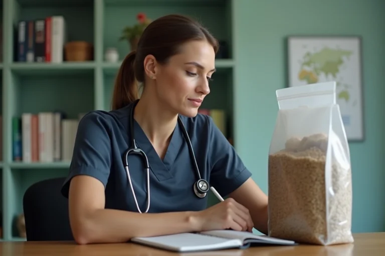 Vétérinaire femme examine un sac de nourriture pour animaux