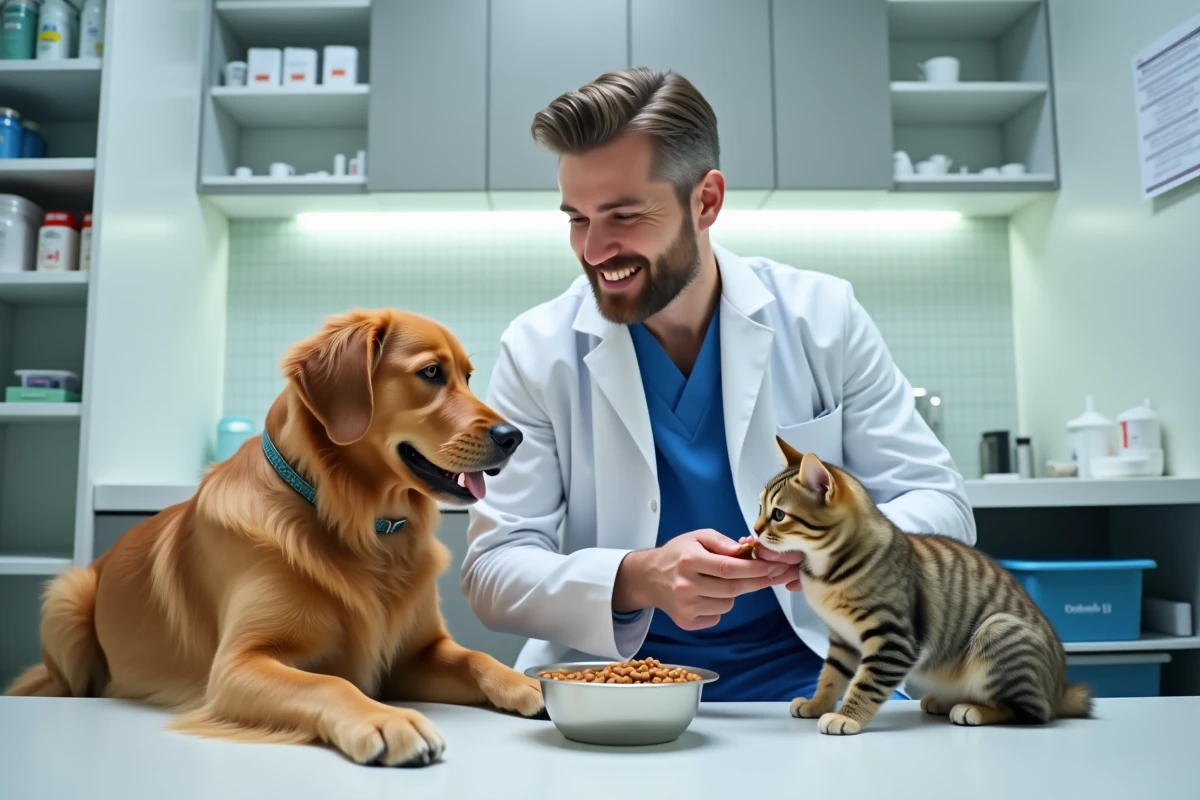 Vétérinaire homme offre nourriture à un chien et un chat