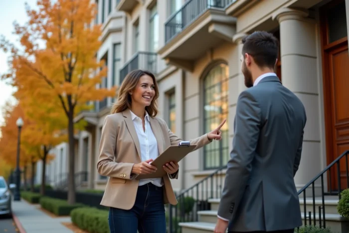 Femme et agent immobilier en discussion devant un immeuble résidentiel en pierre lors d'une visite de bien à investir